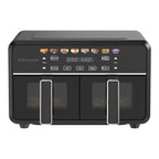 Wartmann AF2511 Airfryer Frontansicht: zwei Schubladen mit Sichtfenster und digitalem Dual-Bedienfeld in Mattschwarz