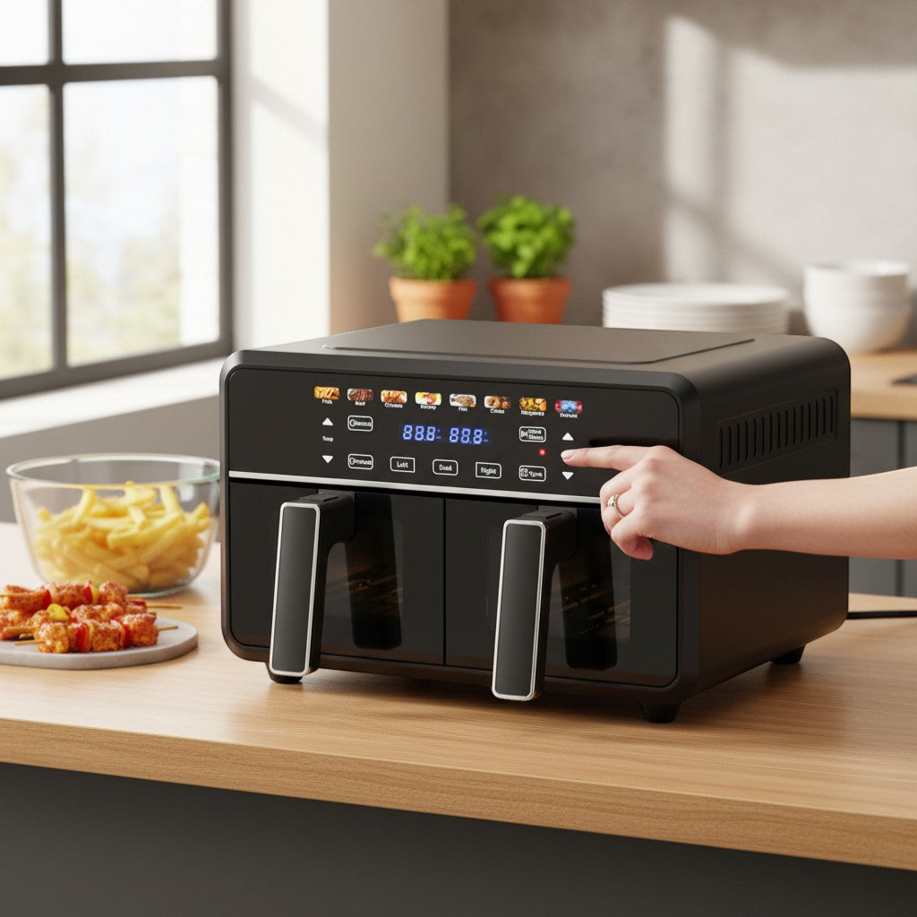 Wartmann WM-2511 AF Airfryer mit Dual-Basket und Touchdisplay auf Holzarbeitsplatte, Hand bedient Bedienfeld