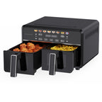 Wartmann AF2511 Airfryer mit geöffneten Schubladen: links Chicken-Wings, rechts Pommes frites gleichzeitig gegart